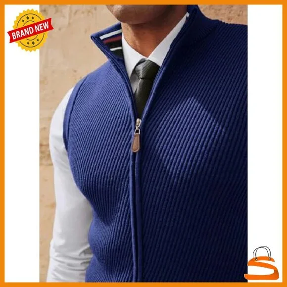 Men's Slim Fit Full Zip Sweater Vest Twill Textured Sleeveless Casual